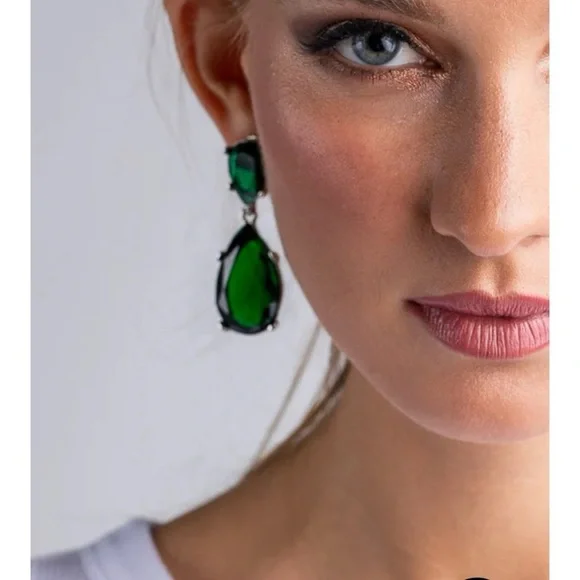 Kenneth Jay Lane Emerald Green Crystal Silvertone Teardrop Post Earrings - Picture 3 of 6